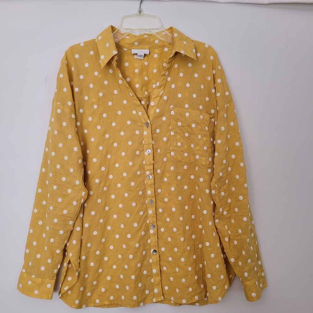 J. Jill 100% Cotton V-neck Top M Petite Butter Yellow Polka Dot Spring